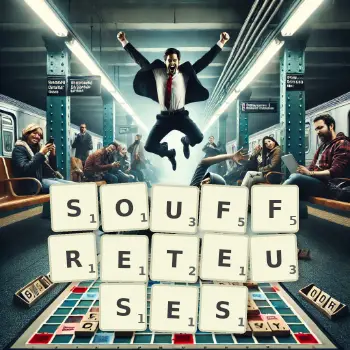 Illustration créative d'un jeu de lettres avec le mot SOUFFRETEUSES épelé sur le plateau.