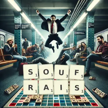 Illustration créative d'un jeu de lettres avec le mot SOUFRAIS épelé sur le plateau.