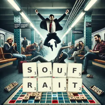 Illustration créative d'un jeu de lettres avec le mot SOUFRAIT épelé sur le plateau.