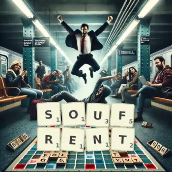 Illustration créative d'un jeu de lettres avec le mot SOUFRENT épelé sur le plateau.