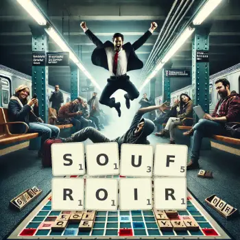 Illustration créative d'un jeu de lettres avec le mot SOUFROIR épelé sur le plateau.