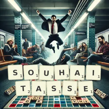 Illustration créative d'un jeu de lettres avec le mot SOUHAITASSE épelé sur le plateau.