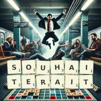 Illustration créative d'un jeu de lettres avec le mot SOUHAITERAIT épelé sur le plateau.