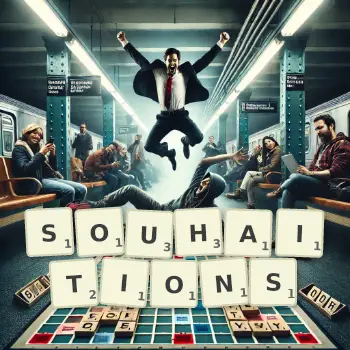 Illustration créative d'un jeu de lettres avec le mot SOUHAITIONS épelé sur le plateau.