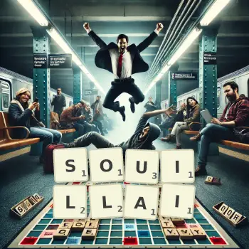 Illustration créative d'un jeu de lettres avec le mot SOUILLAI épelé sur le plateau.
