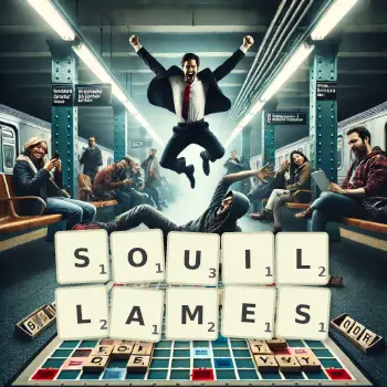 Illustration créative d'un jeu de lettres avec le mot SOUILLAMES épelé sur le plateau.