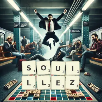 Illustration créative d'un jeu de lettres avec le mot SOUILLEZ épelé sur le plateau.