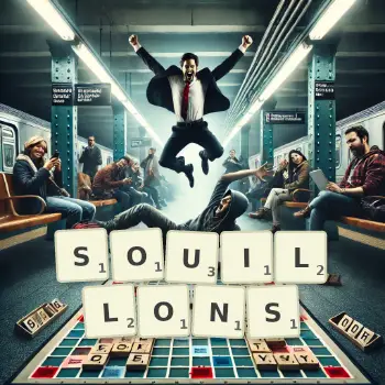 Illustration créative d'un jeu de lettres avec le mot SOUILLONS épelé sur le plateau.