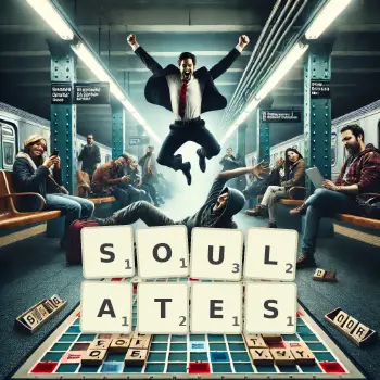 Illustration créative d'un jeu de lettres avec le mot SOULATES épelé sur le plateau.