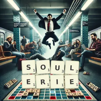 Illustration créative d'un jeu de lettres avec le mot SOULERIE épelé sur le plateau.