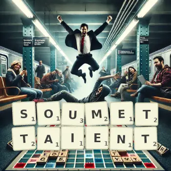 Illustration créative d'un jeu de lettres avec le mot SOUMETTAIENT épelé sur le plateau.