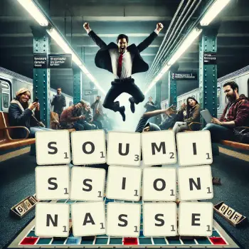 Illustration créative d'un jeu de lettres avec le mot SOUMISSIONNASSE épelé sur le plateau.