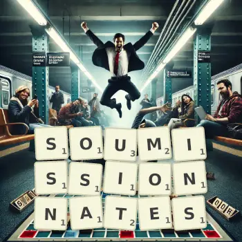 Illustration créative d'un jeu de lettres avec le mot SOUMISSIONNATES épelé sur le plateau.