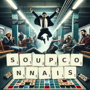 Illustration créative d'un jeu de lettres avec le mot SOUPCONNAIS épelé sur le plateau.