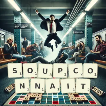 Illustration créative d'un jeu de lettres avec le mot SOUPCONNAIT épelé sur le plateau.