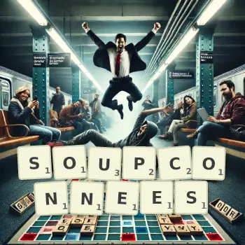 Illustration créative d'un jeu de lettres avec le mot SOUPCONNEES épelé sur le plateau.