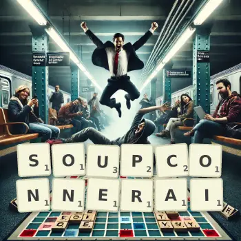 Illustration créative d'un jeu de lettres avec le mot SOUPCONNERAI épelé sur le plateau.