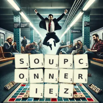Illustration créative d'un jeu de lettres avec le mot SOUPCONNERIEZ épelé sur le plateau.