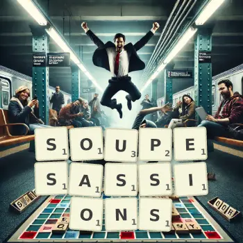 Illustration créative d'un jeu de lettres avec le mot SOUPESASSIONS épelé sur le plateau.