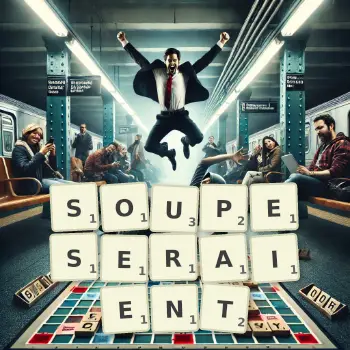 Illustration créative d'un jeu de lettres avec le mot SOUPESERAIENT épelé sur le plateau.