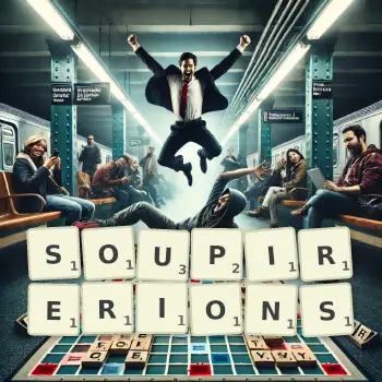 Illustration créative d'un jeu de lettres avec le mot SOUPIRERIONS épelé sur le plateau.