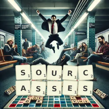 Illustration créative d'un jeu de lettres avec le mot SOURCASSES épelé sur le plateau.