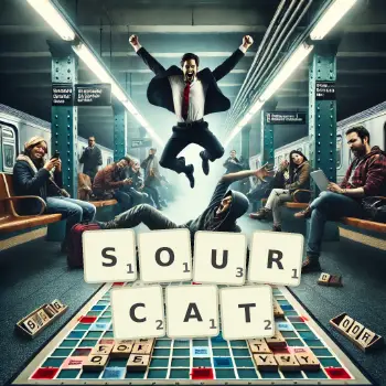 Illustration créative d'un jeu de lettres avec le mot SOURCAT épelé sur le plateau.