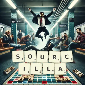 Illustration créative d'un jeu de lettres avec le mot SOURCILLA épelé sur le plateau.