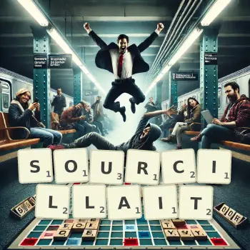 Illustration créative d'un jeu de lettres avec le mot SOURCILLAIT épelé sur le plateau.