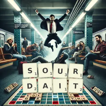 Illustration créative d'un jeu de lettres avec le mot SOURDAIT épelé sur le plateau.