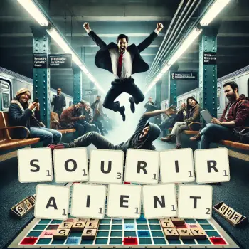 Illustration créative d'un jeu de lettres avec le mot SOURIRAIENT épelé sur le plateau.