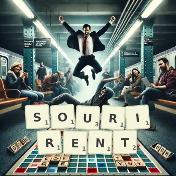 Illustration créative d'un jeu de lettres avec le mot SOURIRENT épelé sur le plateau.