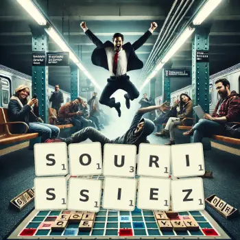 Illustration créative d'un jeu de lettres avec le mot SOURISSIEZ épelé sur le plateau.