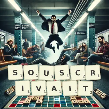 Illustration créative d'un jeu de lettres avec le mot SOUSCRIVAIT épelé sur le plateau.