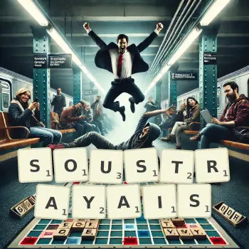 Illustration créative d'un jeu de lettres avec le mot SOUSTRAYAIS épelé sur le plateau.