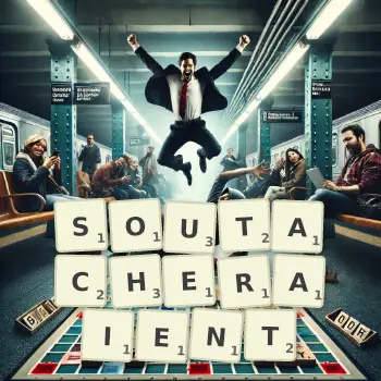 Illustration créative d'un jeu de lettres avec le mot SOUTACHERAIENT épelé sur le plateau.