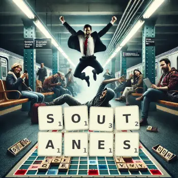 Illustration créative d'un jeu de lettres avec le mot SOUTANES épelé sur le plateau.