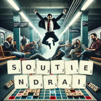 Illustration créative d'un jeu de lettres avec le mot SOUTIENDRAI épelé sur le plateau.