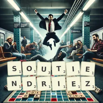 Illustration créative d'un jeu de lettres avec le mot SOUTIENDRIEZ épelé sur le plateau.