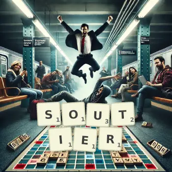 Illustration créative d'un jeu de lettres avec le mot SOUTIER épelé sur le plateau.