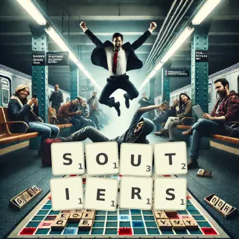 Illustration créative d'un jeu de lettres avec le mot SOUTIERS épelé sur le plateau.