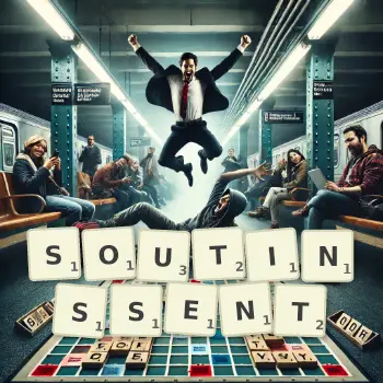 Illustration créative d'un jeu de lettres avec le mot SOUTINSSENT épelé sur le plateau.