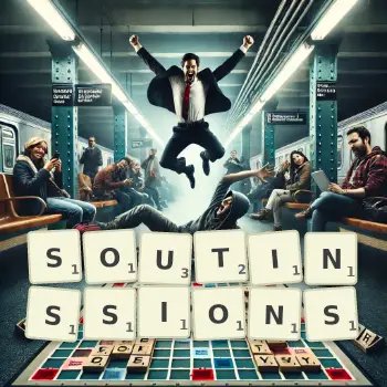 Illustration créative d'un jeu de lettres avec le mot SOUTINSSIONS épelé sur le plateau.