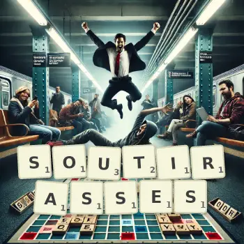 Illustration créative d'un jeu de lettres avec le mot SOUTIRASSES épelé sur le plateau.