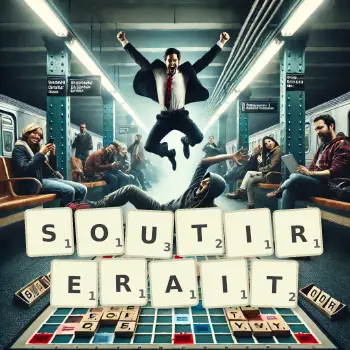 Illustration créative d'un jeu de lettres avec le mot SOUTIRERAIT épelé sur le plateau.