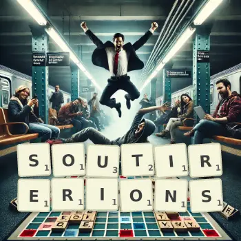 Illustration créative d'un jeu de lettres avec le mot SOUTIRERIONS épelé sur le plateau.