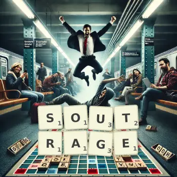 Illustration créative d'un jeu de lettres avec le mot SOUTRAGE épelé sur le plateau.