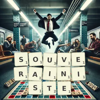 Illustration créative d'un jeu de lettres avec le mot SOUVERAINISTE épelé sur le plateau.