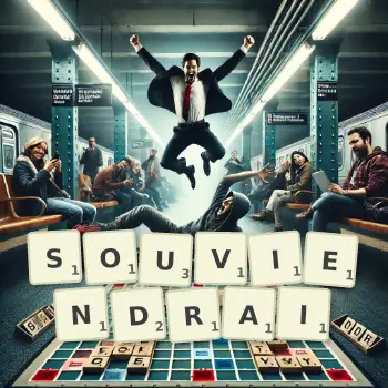 Illustration créative d'un jeu de lettres avec le mot SOUVIENDRAI épelé sur le plateau.