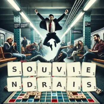 Illustration créative d'un jeu de lettres avec le mot SOUVIENDRAIS épelé sur le plateau.